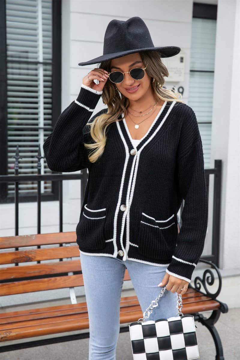 CWOSWL1670_Button Down Sleeve  V-Neck Cardigan Sweater