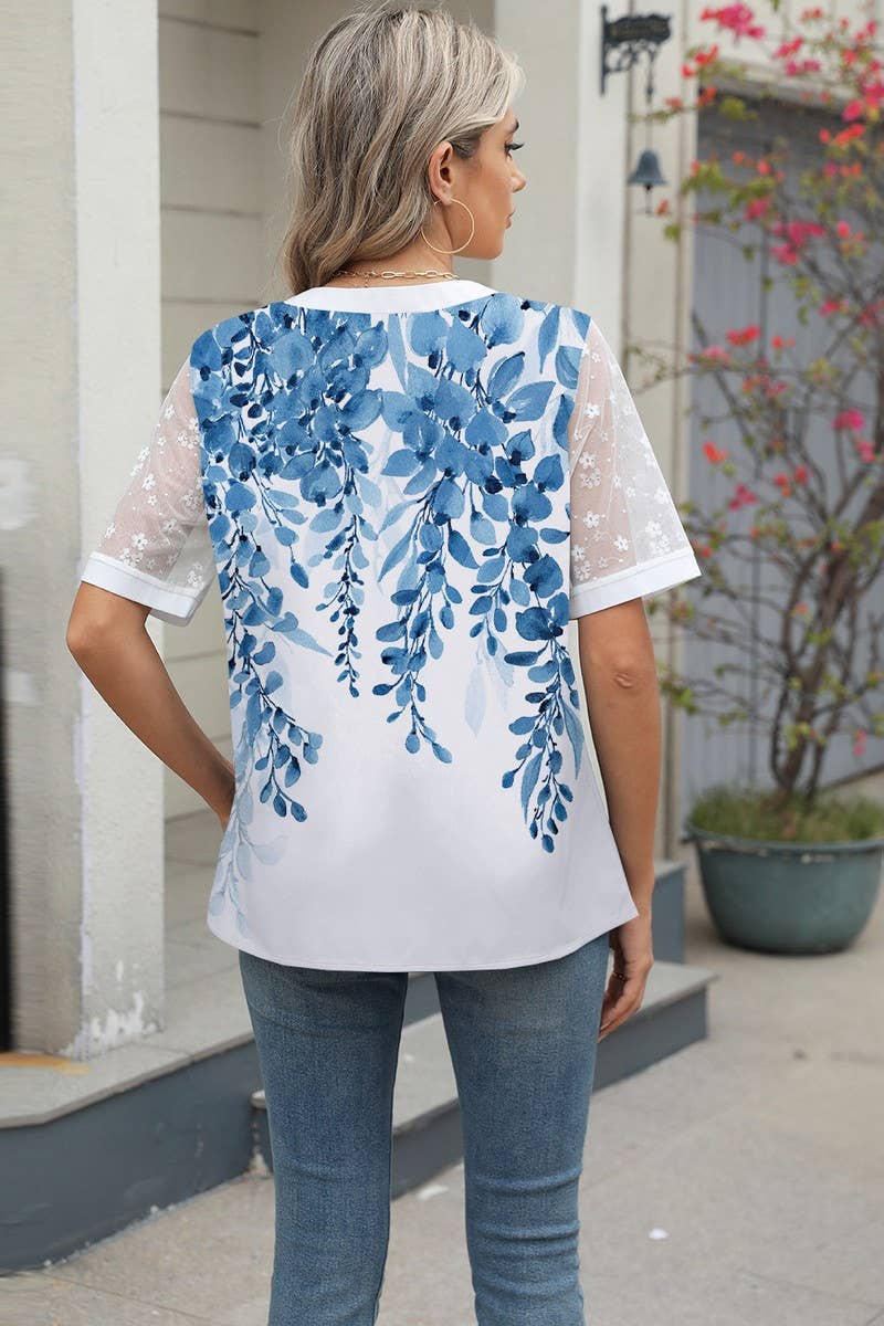 CWTBLS1706_V-NECK PRINTED CHIFFON SHORT-SLEEVED TOP