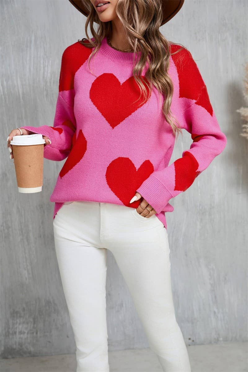 CWOSWL5758_VALENTINE'S DAY ROUND NECK HEART KNITTED SWEATER