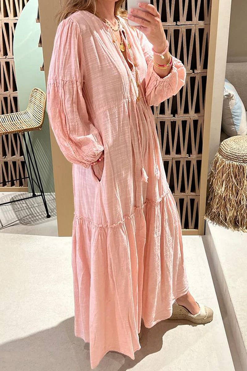 CWDMD2105_V-NECK BOHEMIAN COTTON AND LINEN LONG DRESS