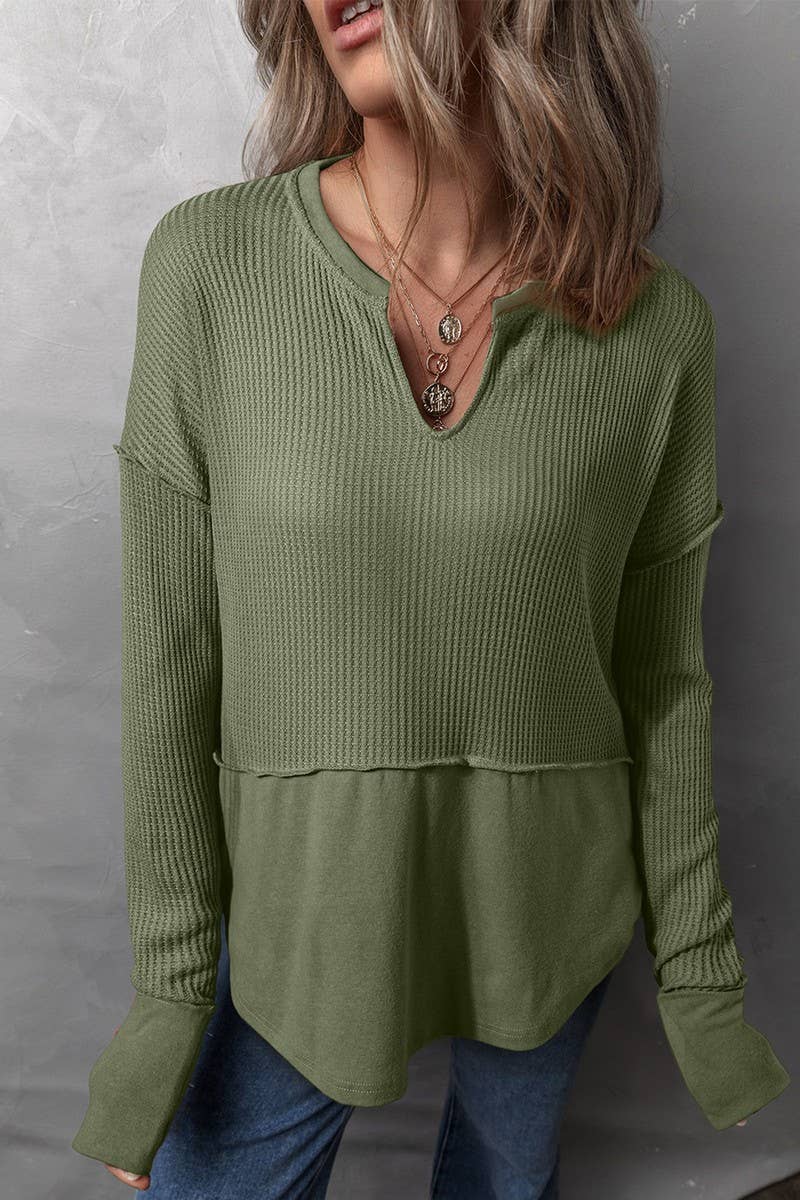 CWTBLL2422_SOLID COLOR PATCHWORK LONGSLEEVE LOOSE SWEATSHIRT