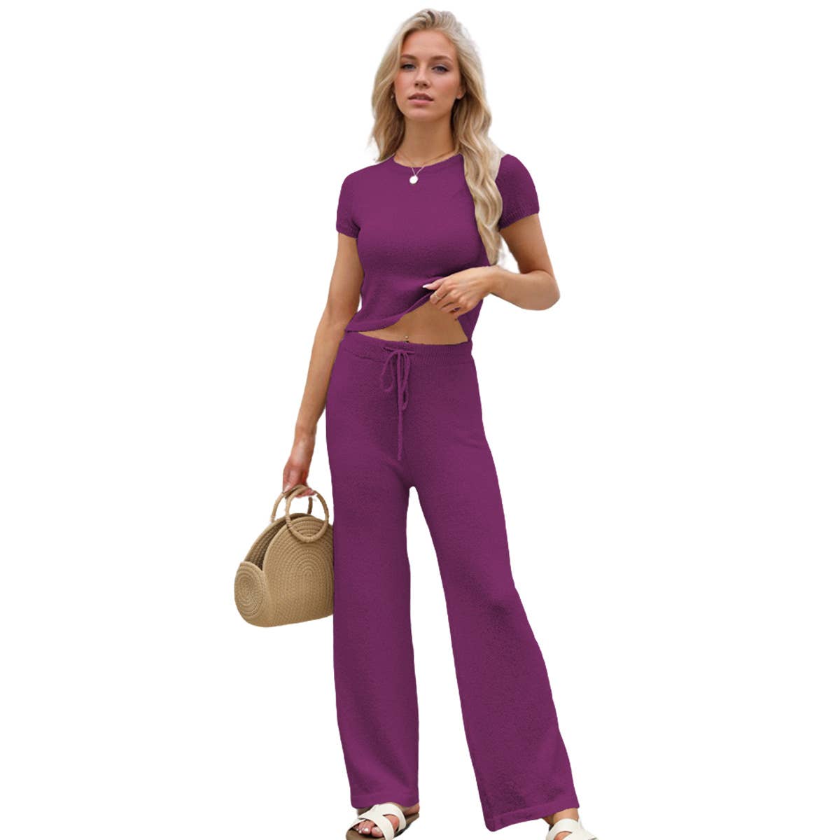 Casual solid color knit pants short sleeve suit
