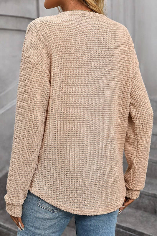 CWTBLL1821_WAFFLE SOLID COLOR ROUND NECK POCKET LOOSE TOP