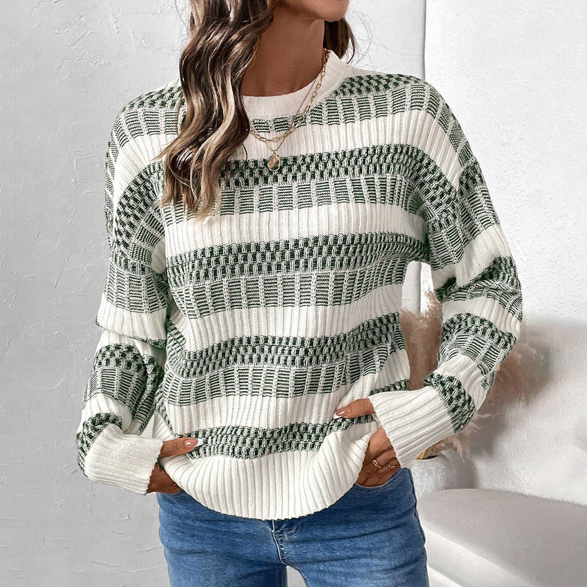 CASUAL STRIPED COLOR CREW NECK PULLOVER SWEATER