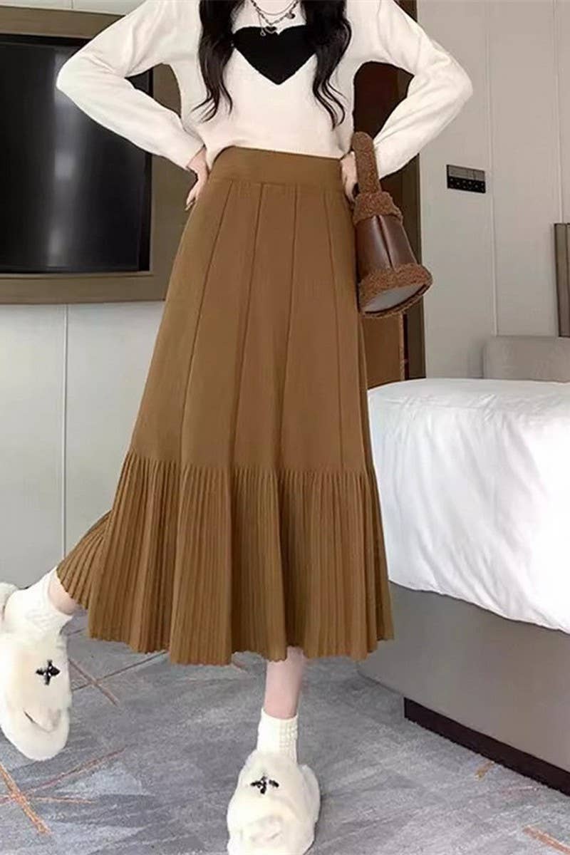CWBLS0298_SOLID COLOR HIGH WAIST PLEATED KNITTED SKIRT