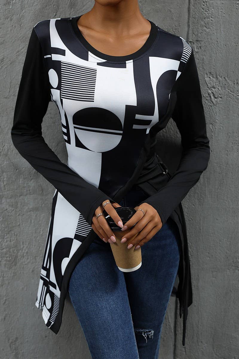 CWTTL1967_SIMPLE GEOMETRIC PATTERN SLIM FIT LONG T-SHIRT