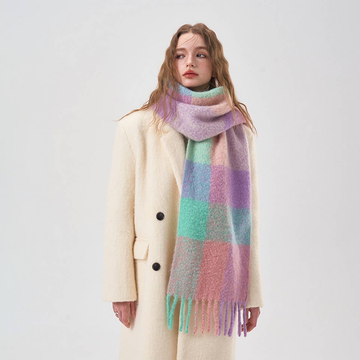 32% Wool Colorblock Plaid Scarf - Soft & Warm_CWASC2365