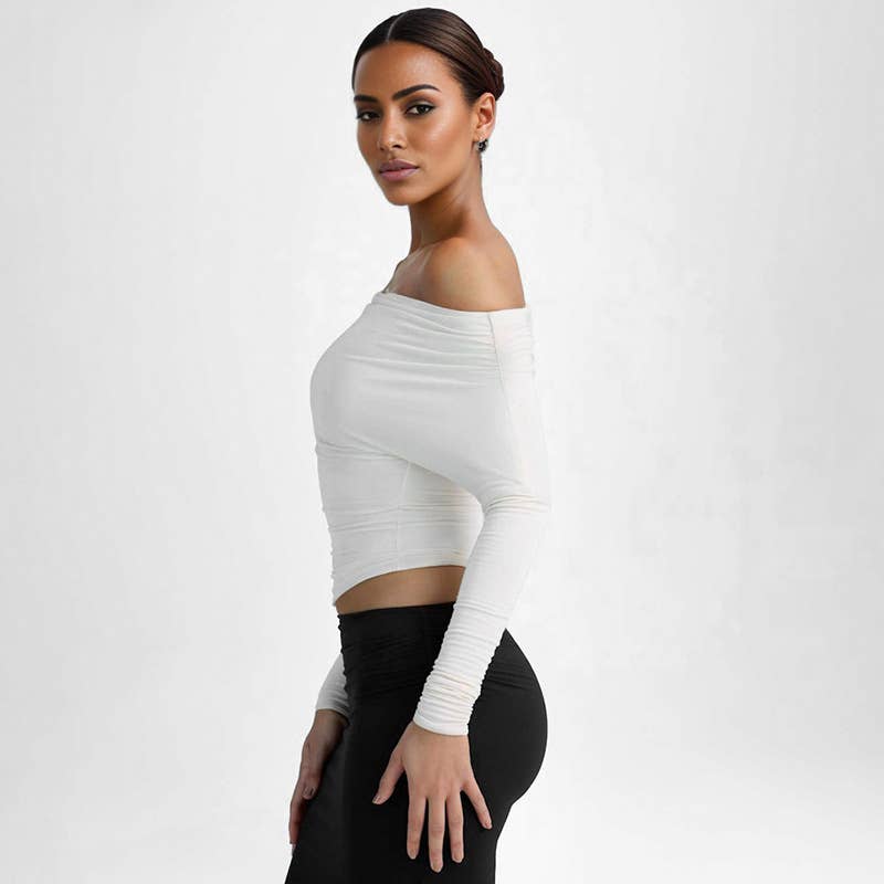 DIAGONAL NECK PLEATED WAIST SOLID COLOR T-SHIRT