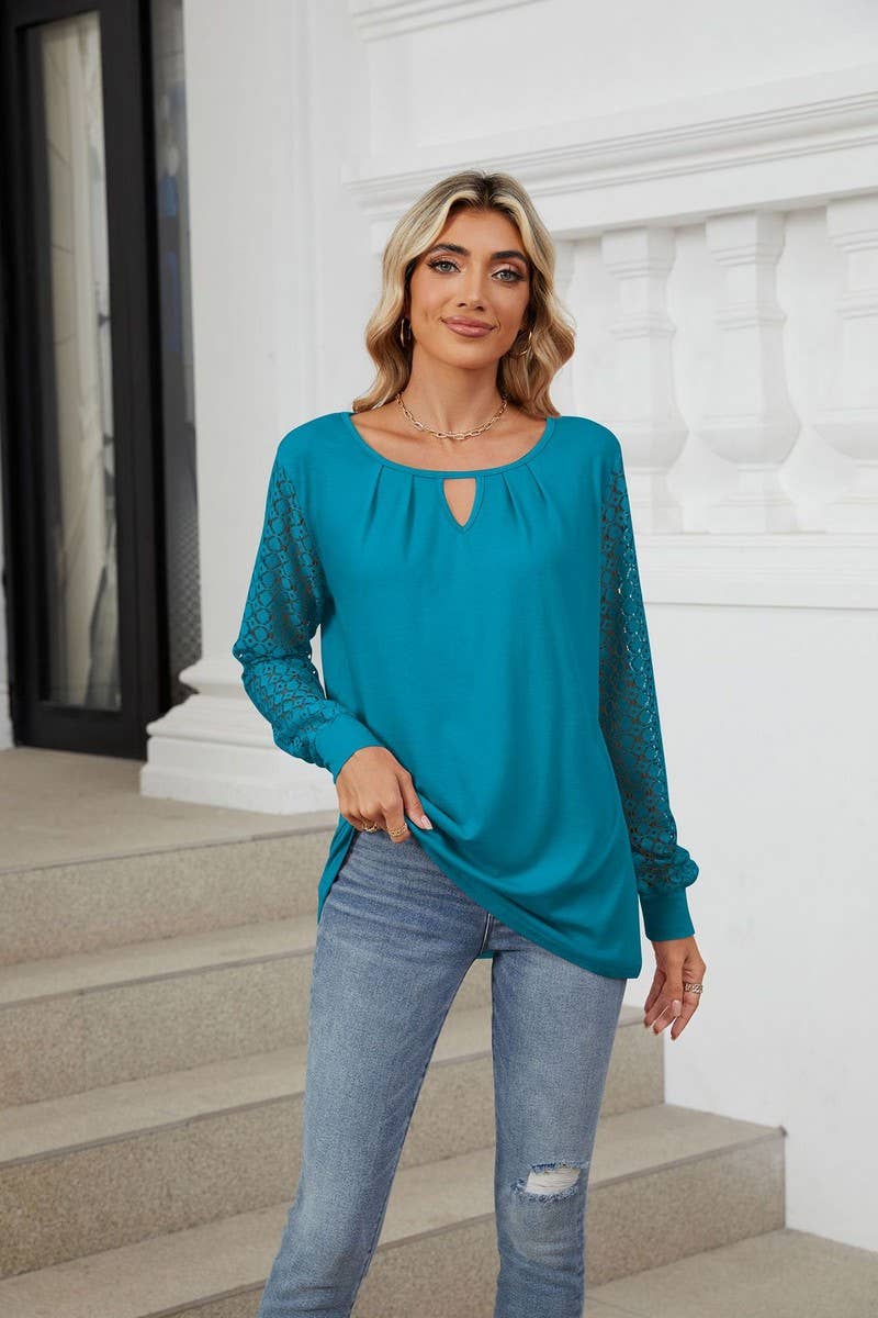 CWTBLL01309_CREW NECK LACE HOLLOW LONG SLEEVE CASUAL TEE