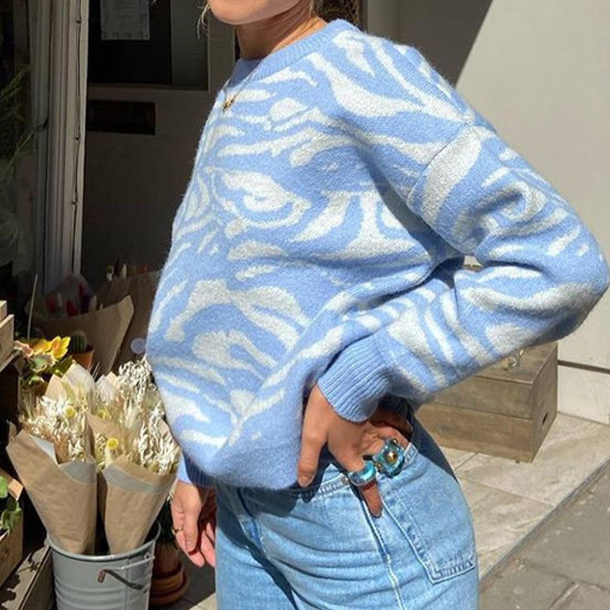 ANIMAL PRINT PULLOVER WITH LOOSE COLLAR