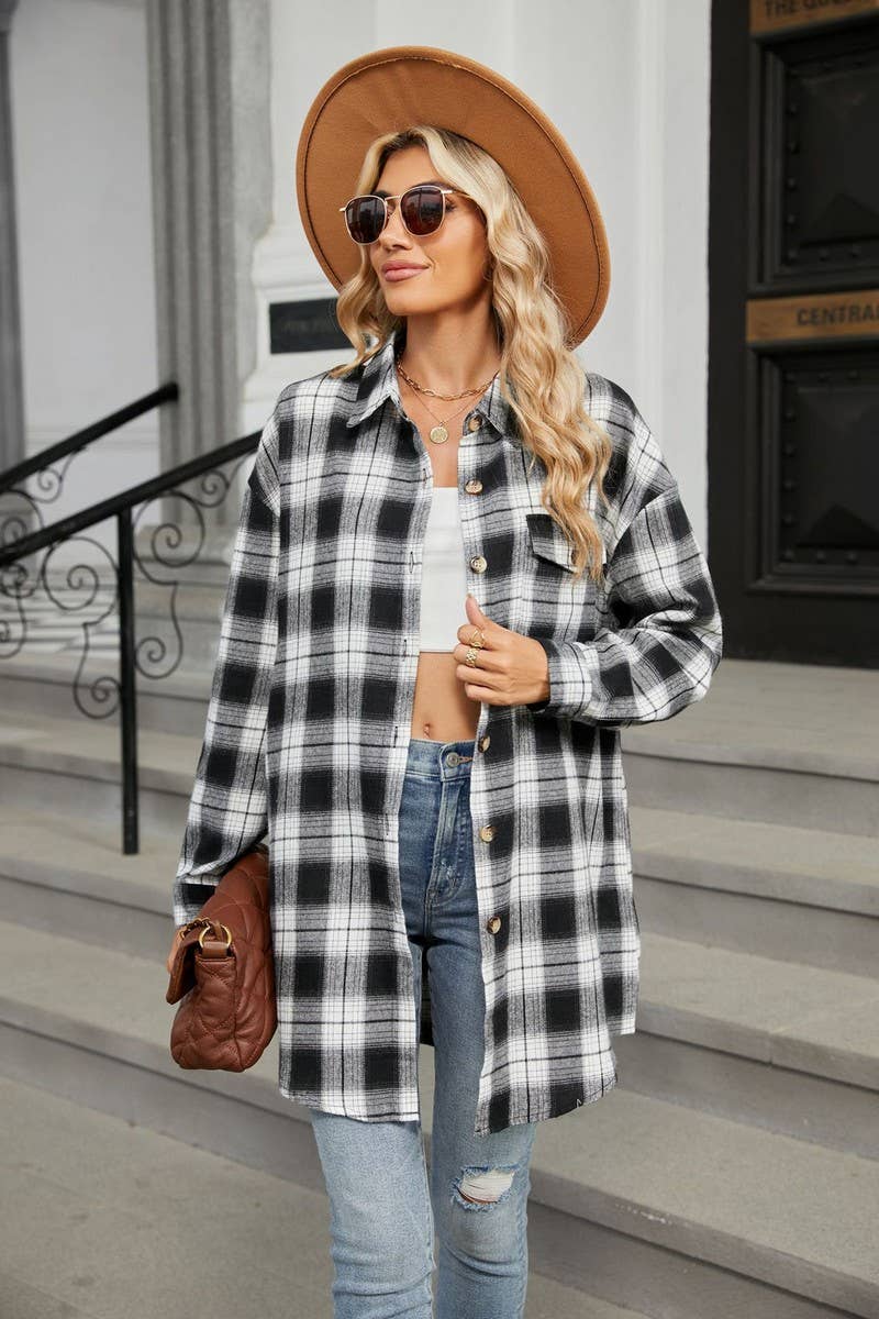 CWTBLL3745_AUTUMN AND WINTER STRIPED PLAID BUTTON-DOWN SHIRT