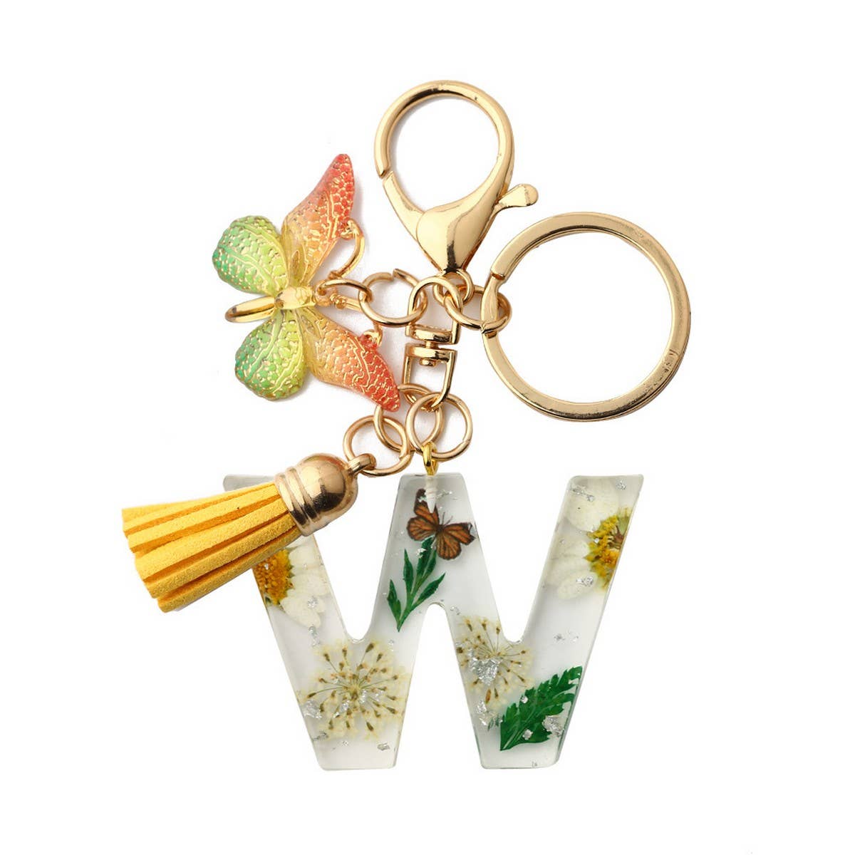 Flower Letter Keychain with Yellow Butterfly Charm_CWAB5090