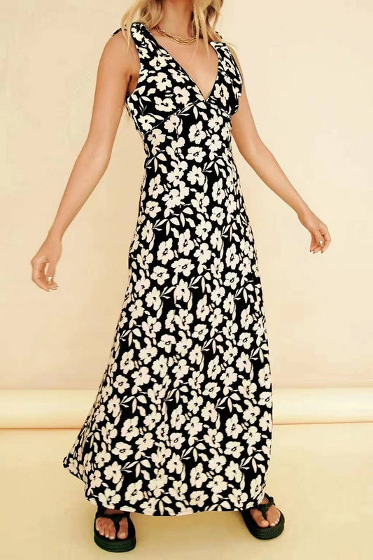 CWDMD5988_SUMMER V-NECK LACE-UP SEXY SWING DRESS