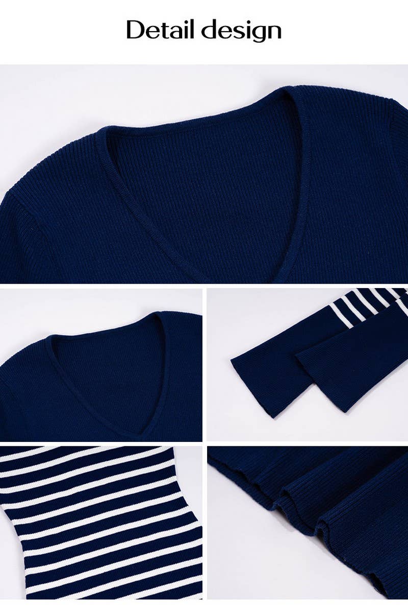 CWDMD3309_SLIM FIT V NECK CONTRAST STRIPED SWEATER DRESS