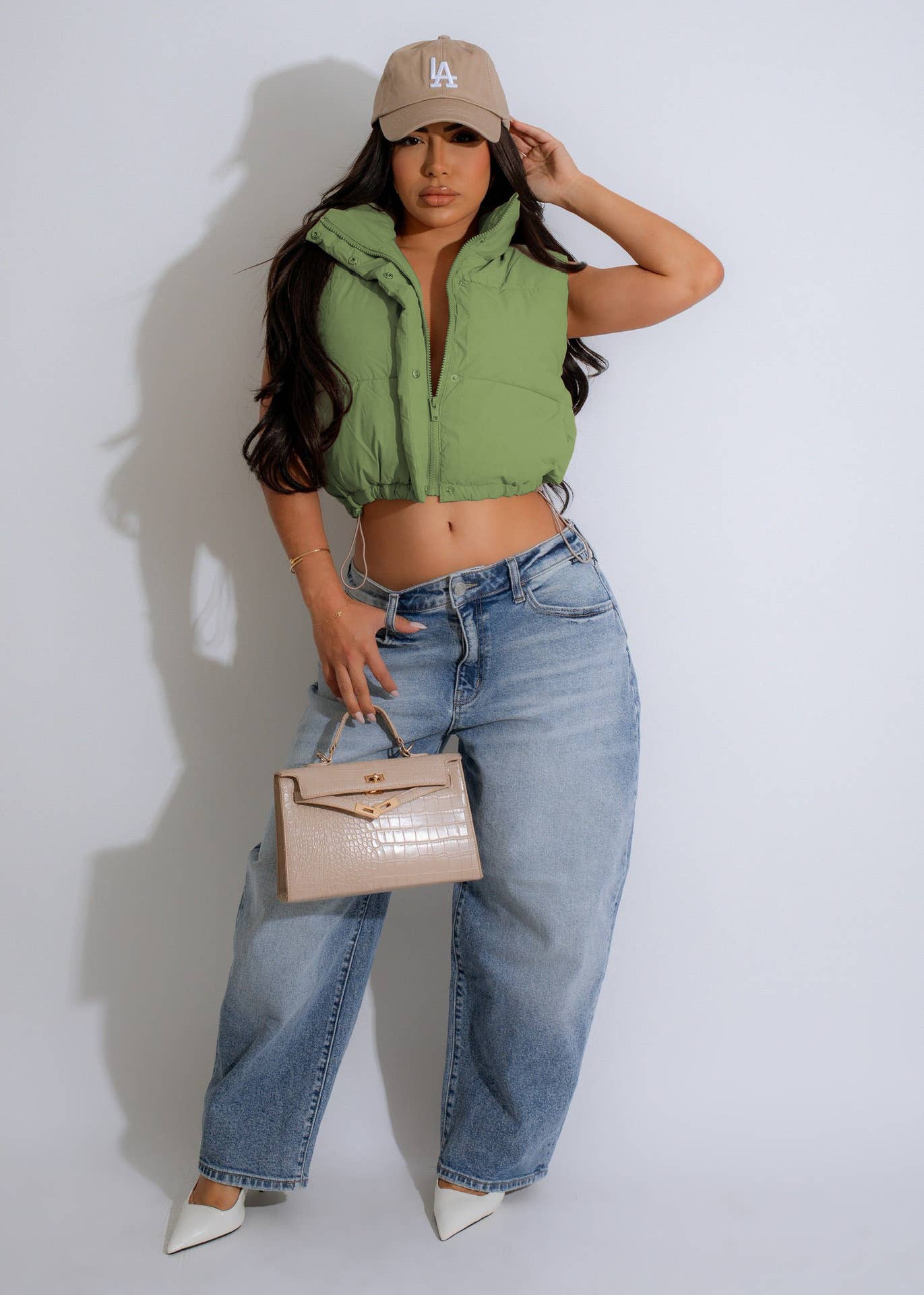 BEAUTY SOLID COLOR STAND-UP COLLAR ZIPPER VEST