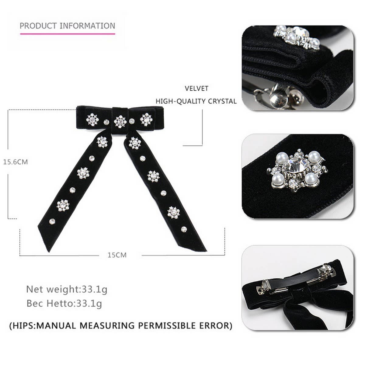 VELVET HAIRPIN FABRIC BOW RHINESTONE SPRING CLIP