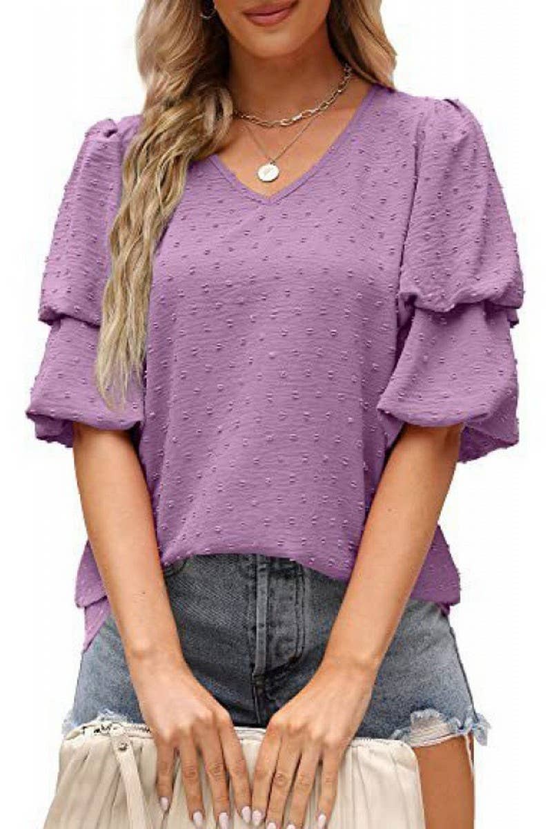 CWTBLS02488_V-NECK LANTERN SLEEVE DOT CHIFFON TOP