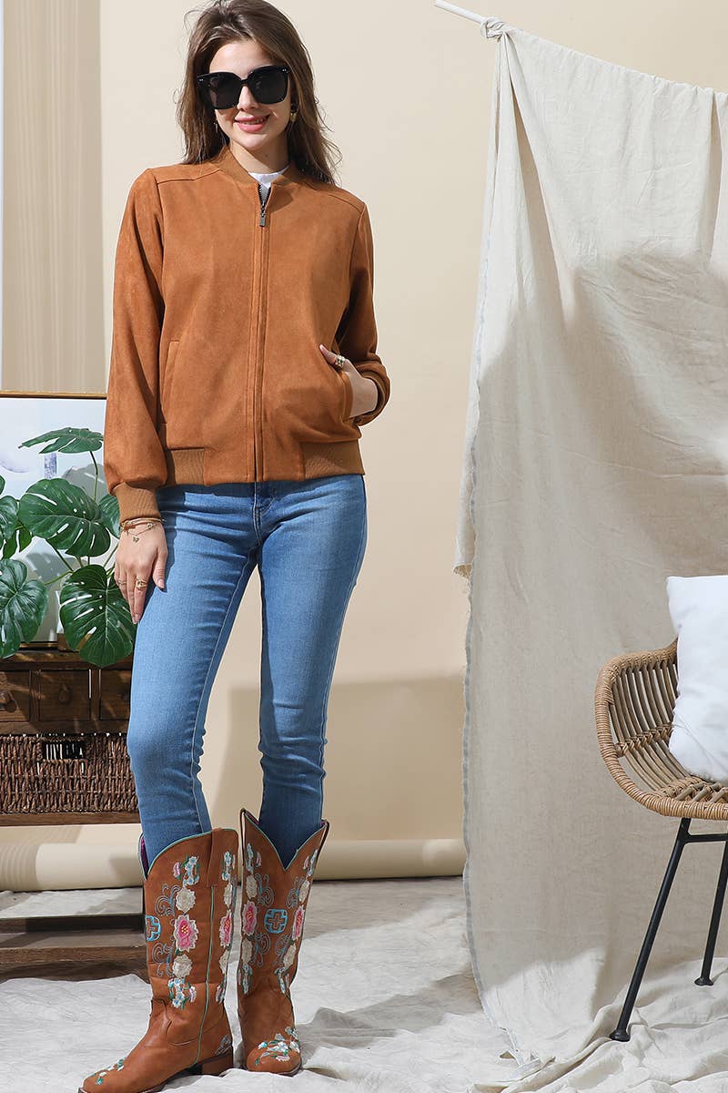 CWOJA706_WATERFALL FAUX SUEDE ZIP-UP WESTERN BOBMER JACKET