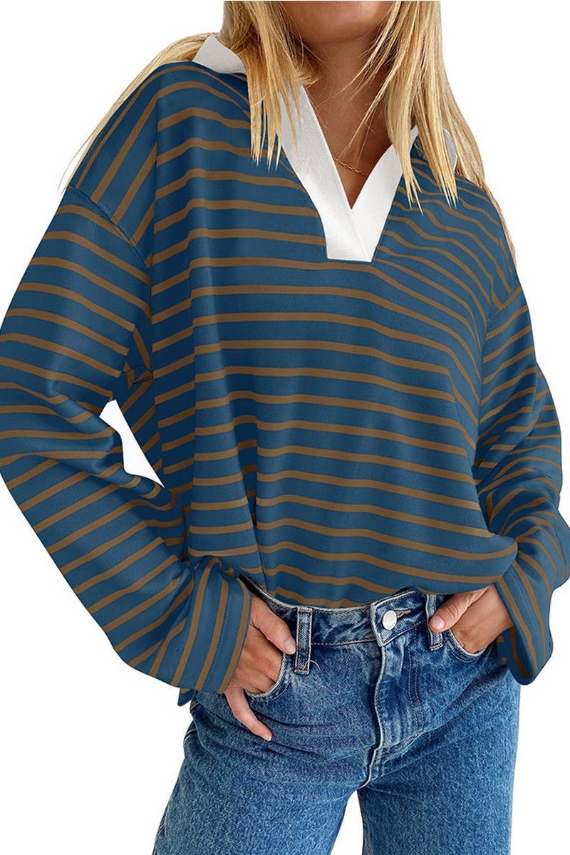 CWTBLL1811_LAPEL STRIPED V-NECK LOOSE SWEATSHIRT