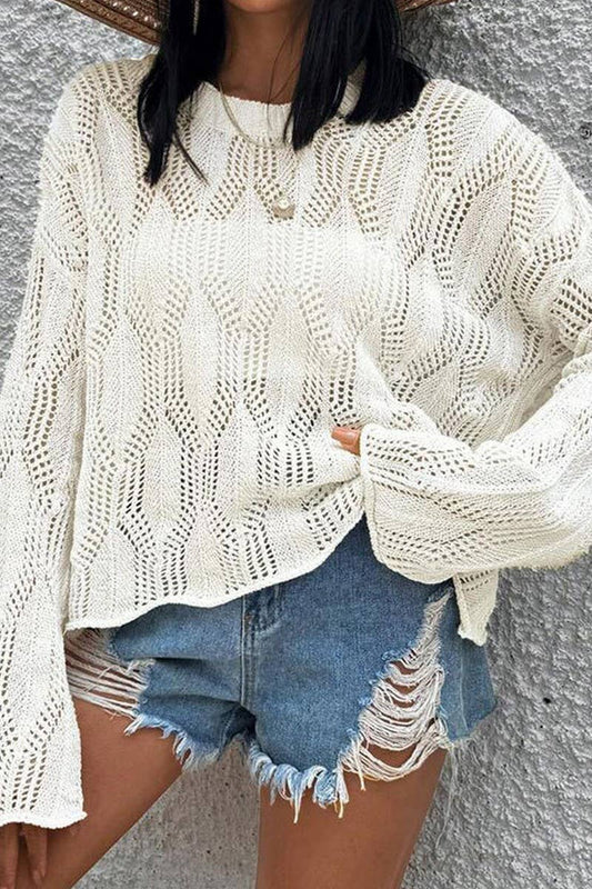 CWTBLL3667_OPEN-KNIT CROCHET LONG-SLEEVED SUN COVER-UP