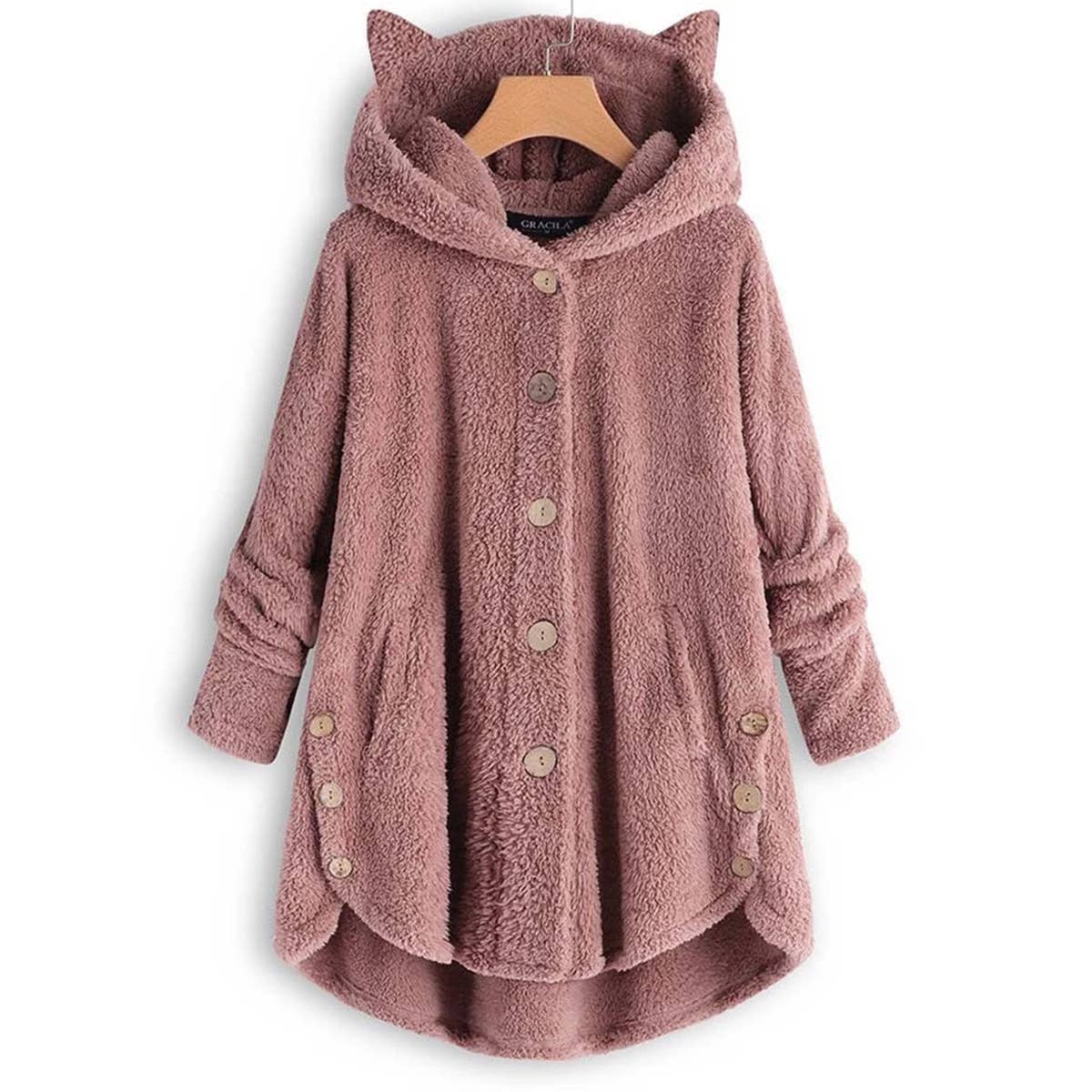 BUTTON-UP HOODED CAT EARS PLUSH SOLID COAT