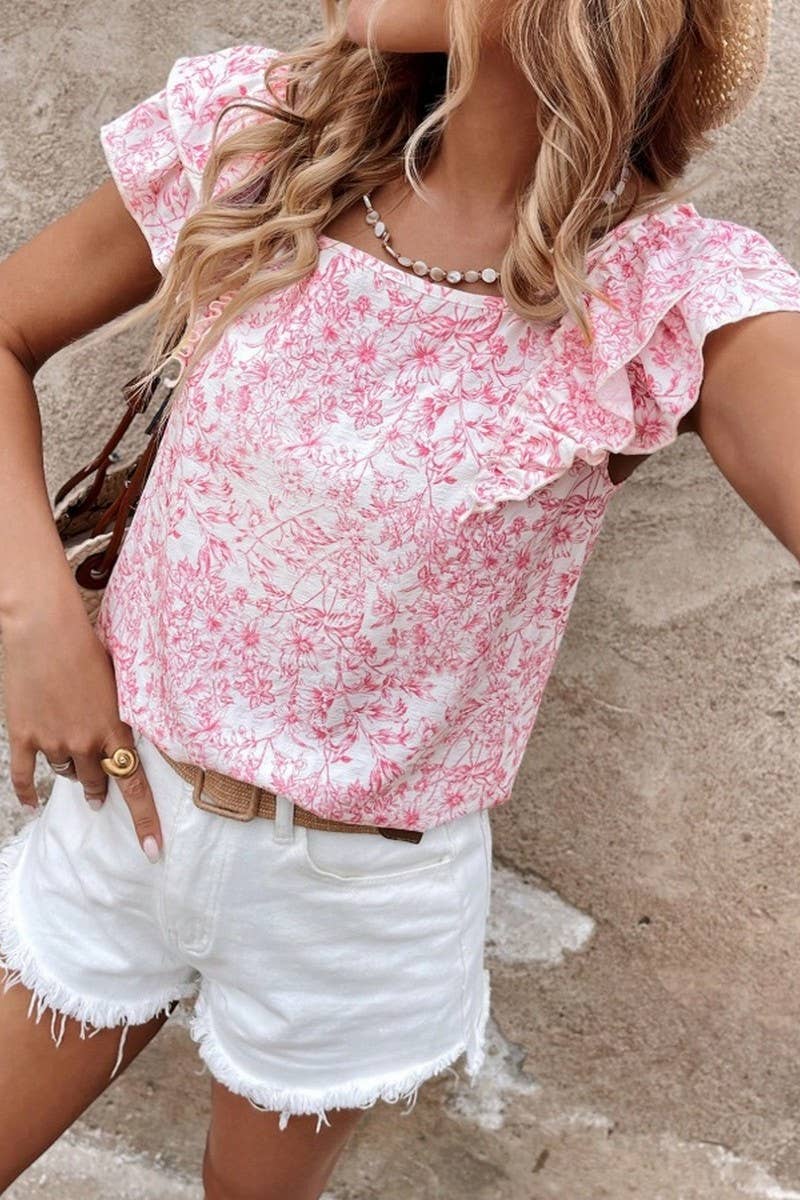 CWTBLS2268_PRINTED BOW BACK LAYERED RUFFLE SLEEVE SHIRT