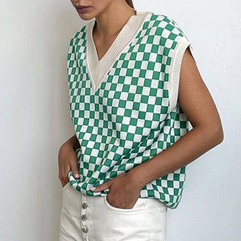 COLOR CONTRAST PLAID TEMPERAMENT V-NECK WOOL VEST