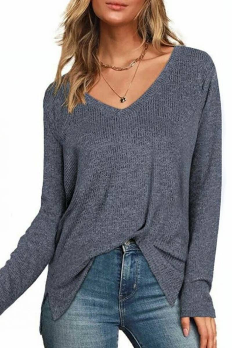 CWTTL1202_V-neck Long Sleeved With Side Slit Knit Top