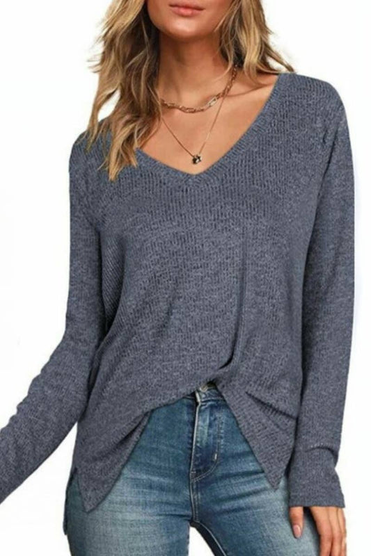 CWTTL1202_V-neck Long Sleeved With Side Slit Knit Top