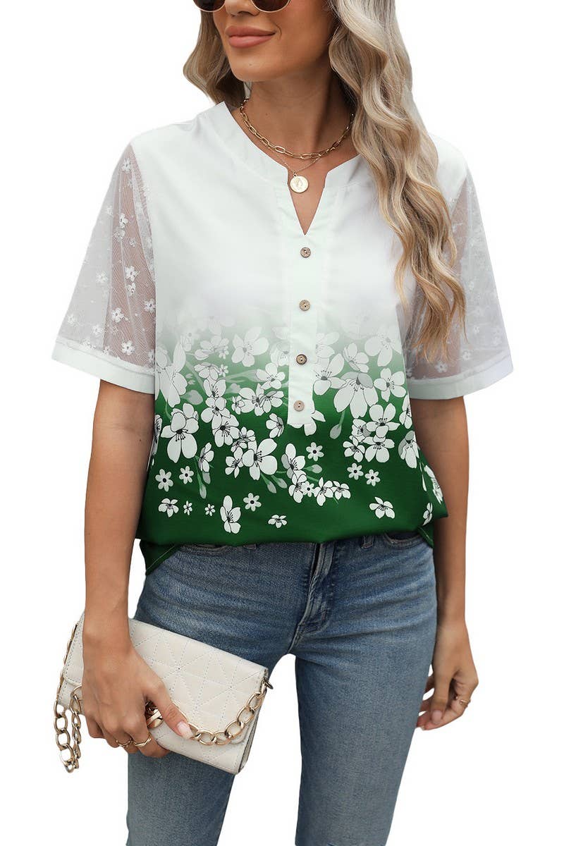 CWTBLS1706_V-NECK PRINTED CHIFFON SHORT-SLEEVED TOP