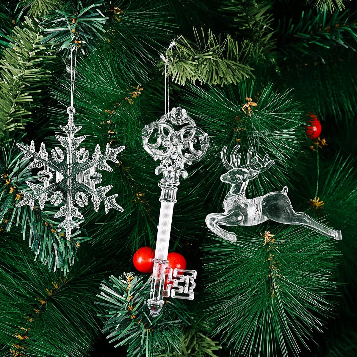 CWMM10173_CLEAR SNOWFLAKE AND REINDEER ORNAMENTS FOR TREE