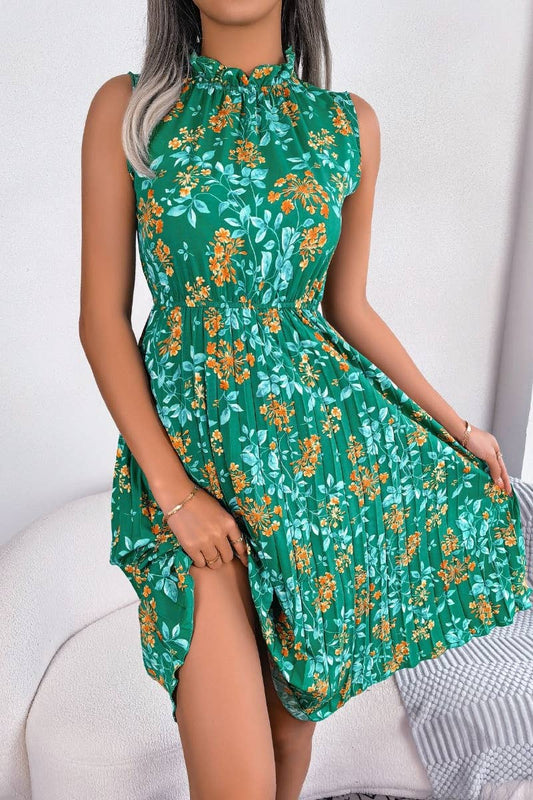 CWDSD4700_SUMMER WOODEN EAR EDGE FLOWER WAIST PLEATED DRESS
