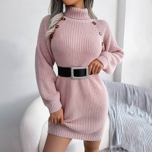 BUTTON-UP TURTLENECK LONG-SLEEVED SWEATER DRESS