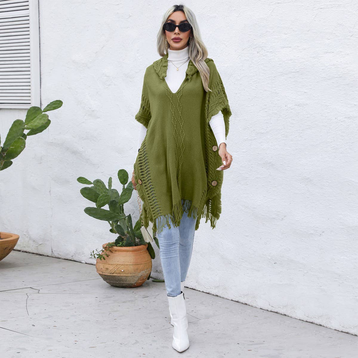 Casual loose V tie hat pullover cape coat