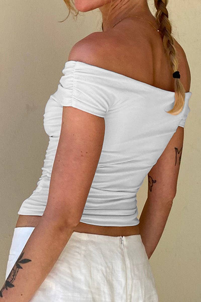 CWTBLSL0741_OFF SHOULDER RUCHED FRONT SEXY CROP TOP