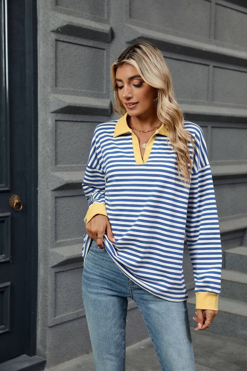 CWTBLL2361_CONTRAST COLOR LAPEL LOOSE STRIPED SWEATSHIRT