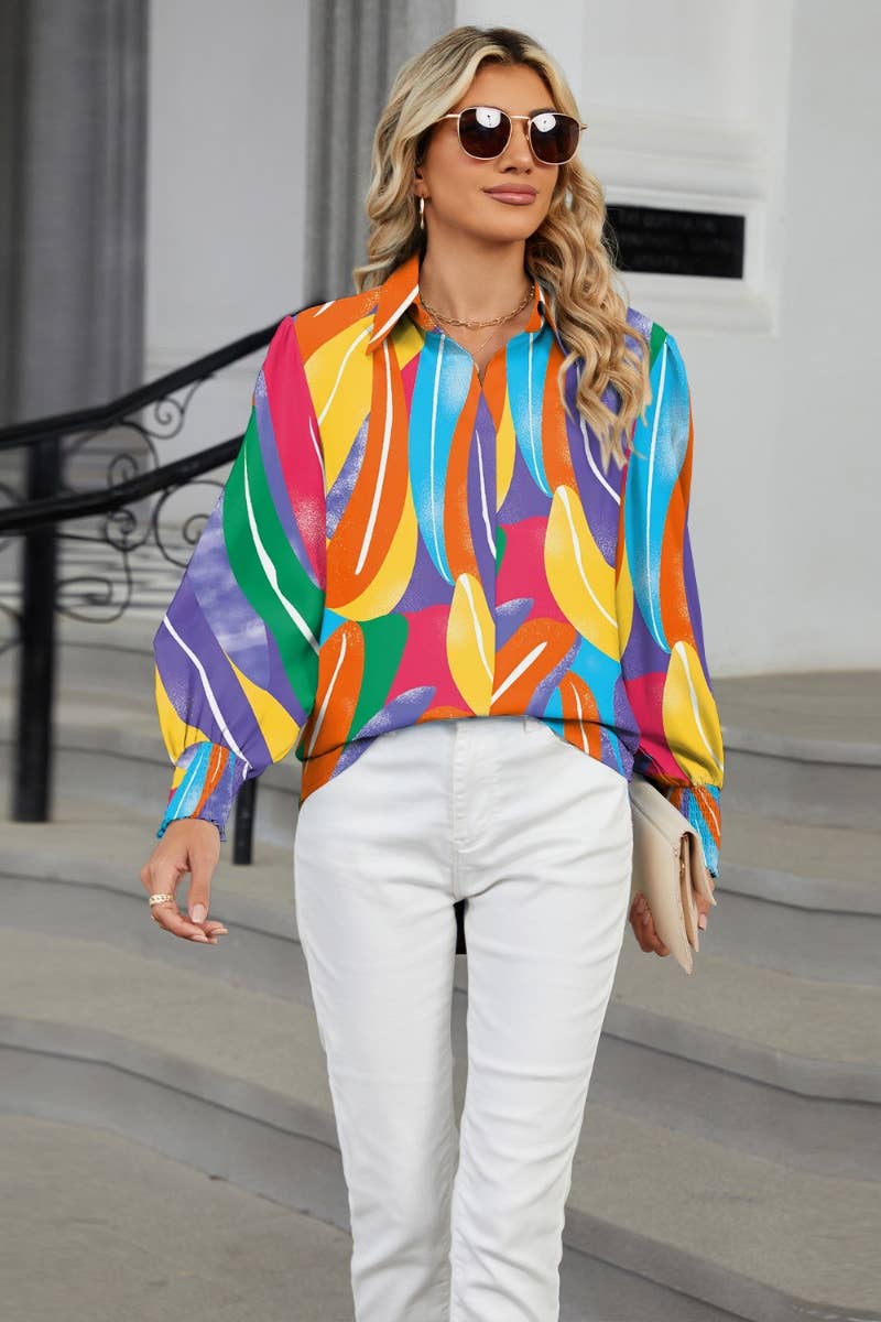 CWTSTL2302_HOLIDAY PRINTED LONG-SLEEVED LANTERN SLEEVE SHIRT