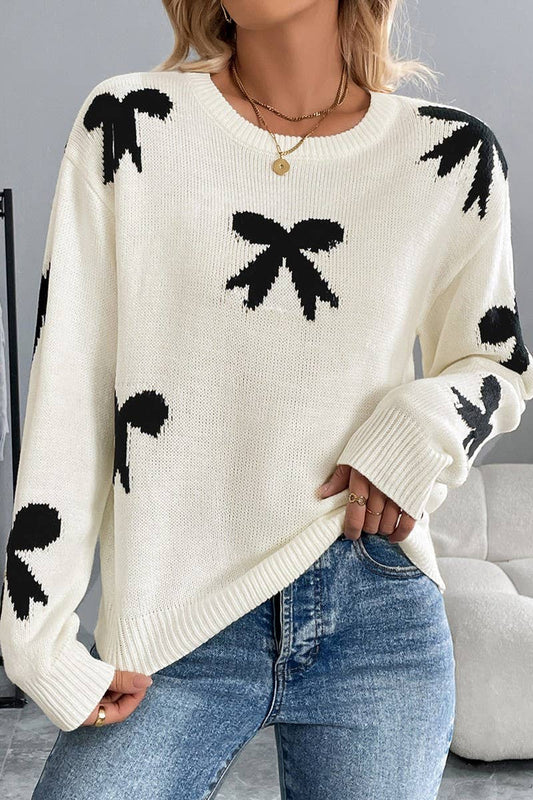 CWOSWL5876_CREW NECK BOW JACQUARD KNIT SWEATER