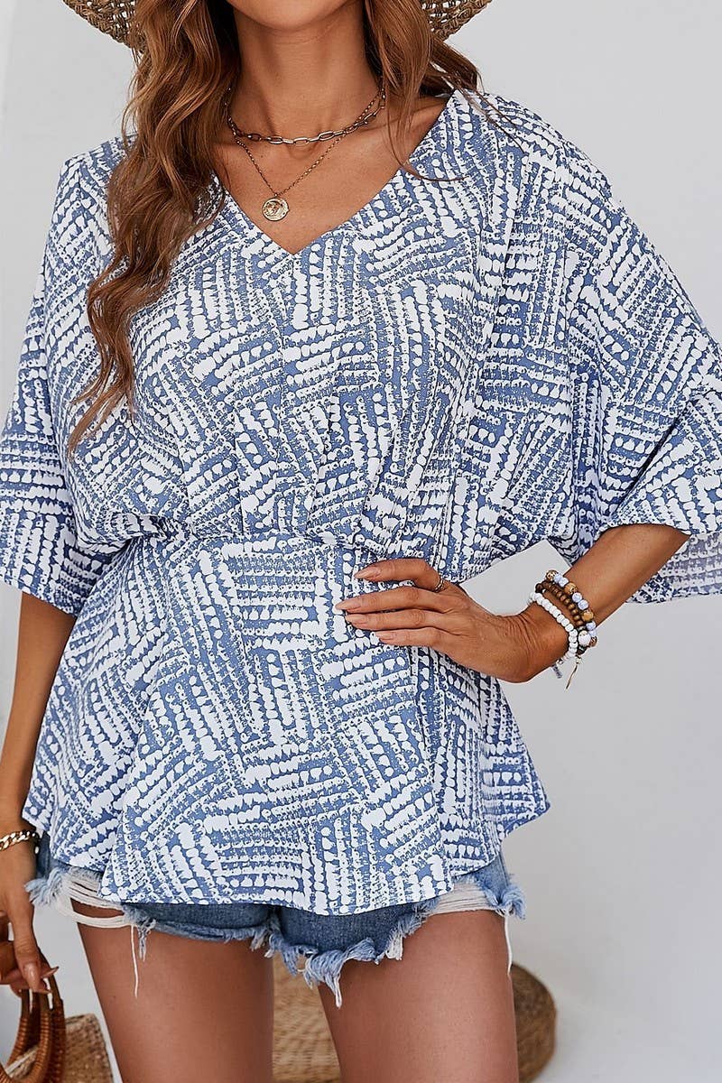 CWTBLS1802_V-NECK BAT SLEEVE LOOSE SHORT-SLEEVED PRINTED TOP