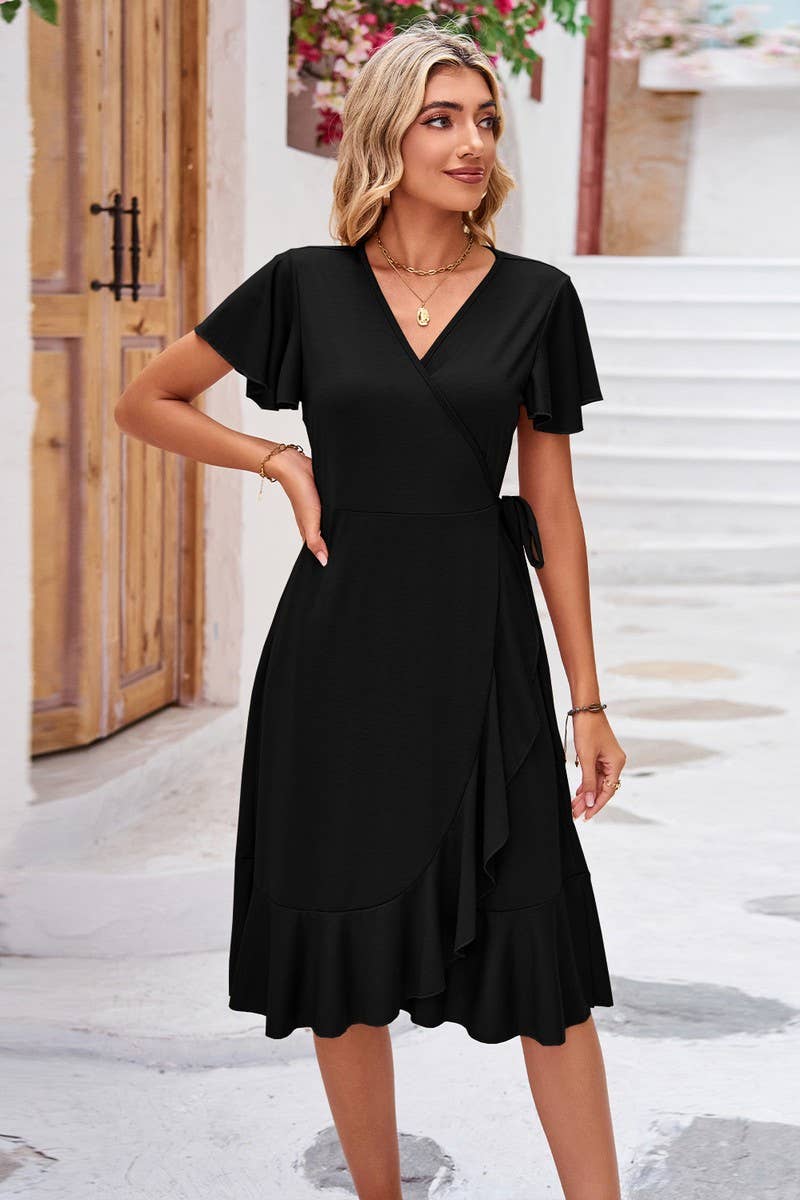 CWDSD2546_Deep V-Neck Wrap Short Sleeve Dresses
