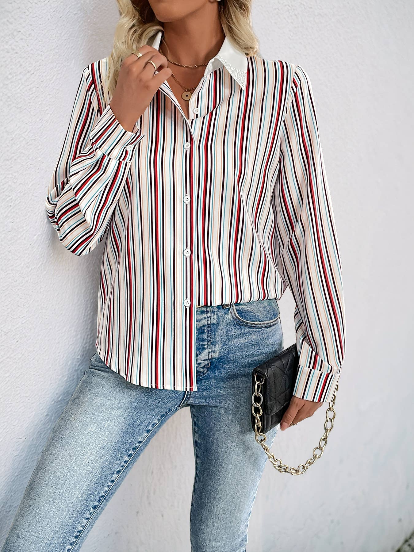 Casual lapel colorful vertical striped shirt