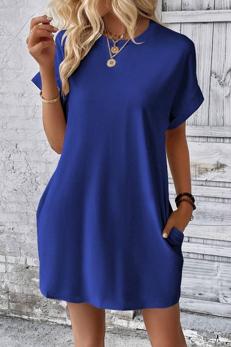CWDSD3628_SOLID COLOR ROUND NECK LOOSE POCKET SHORT DRESS