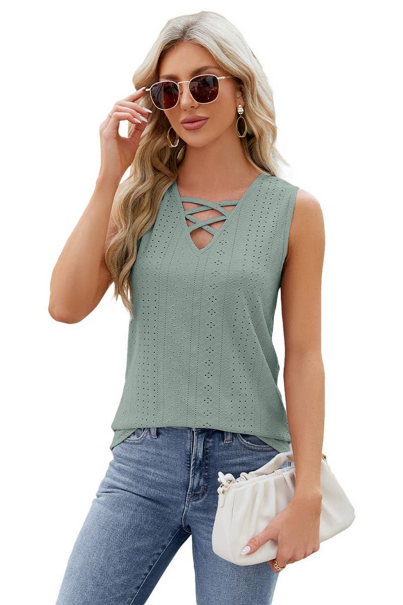 CWTBLSL0098_V-Neck String Detailed Sleeveless Top