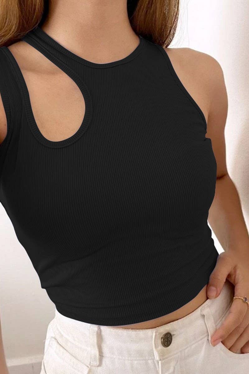 CWTTK0502_RIBBED BELLY-BARING CUT-OUT SLEEVELESS TANK TOP