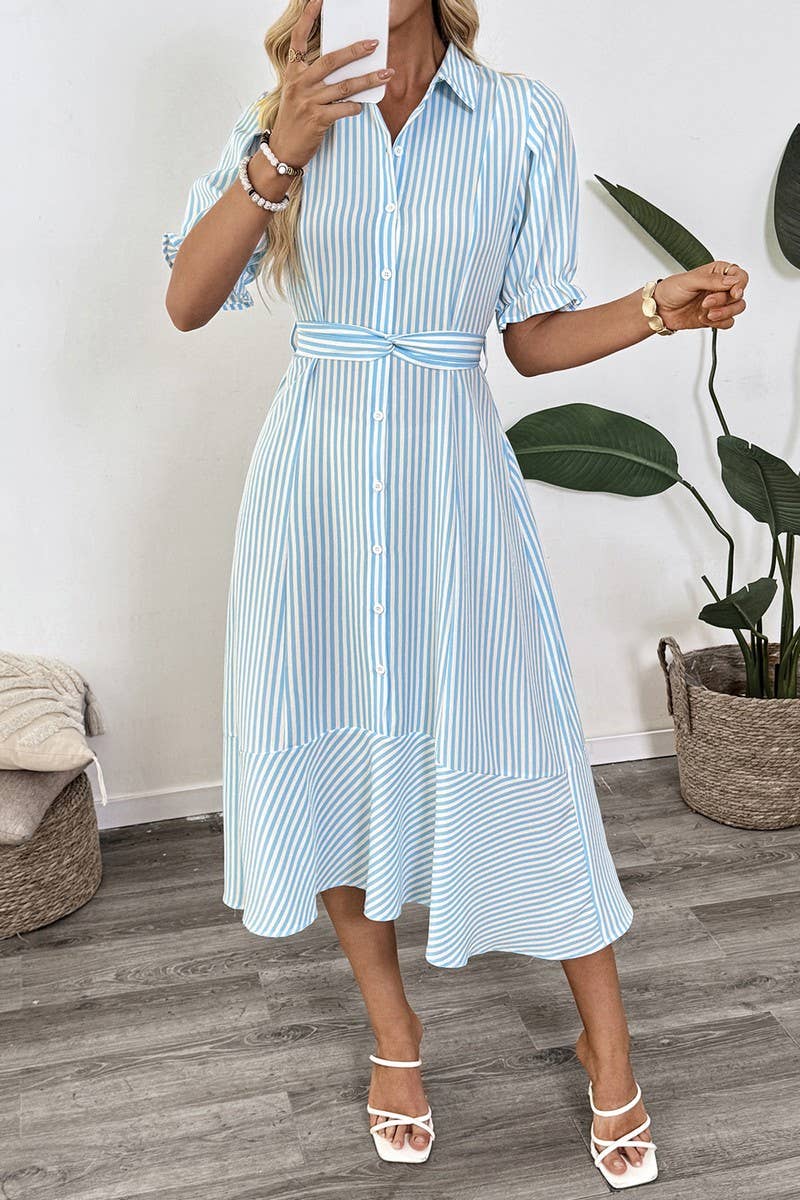 CWDMD5784_STRIPED PUFF SLEEVE COLLAR SUMMER MAXI DRESS