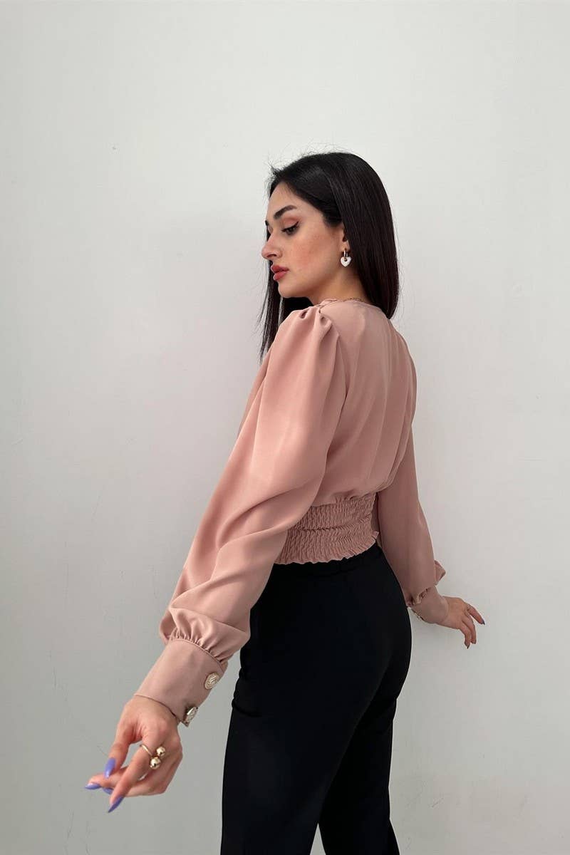 CWTBLL3693_V-NECK SEXY WAIST PUFF SLEEVE SOLID COLOR SHIRT