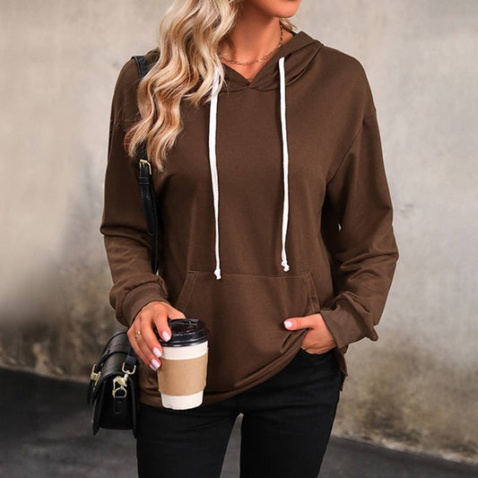 CASUAL WOMEN'S SOLID COLOR POCKET HOODIE