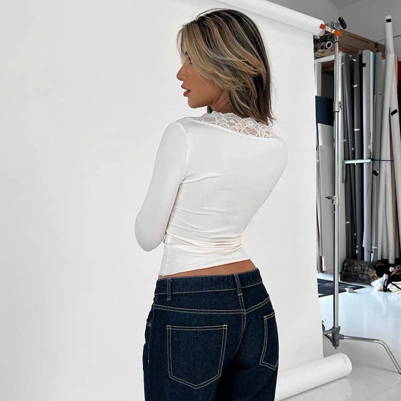 Fashionable Casual V-Neck Lace Trim Button-Up Top