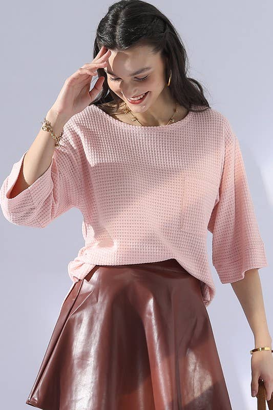 CWTTS696_ROUND NECK ROLLED SHORT SLEEVE TUNIC TOP