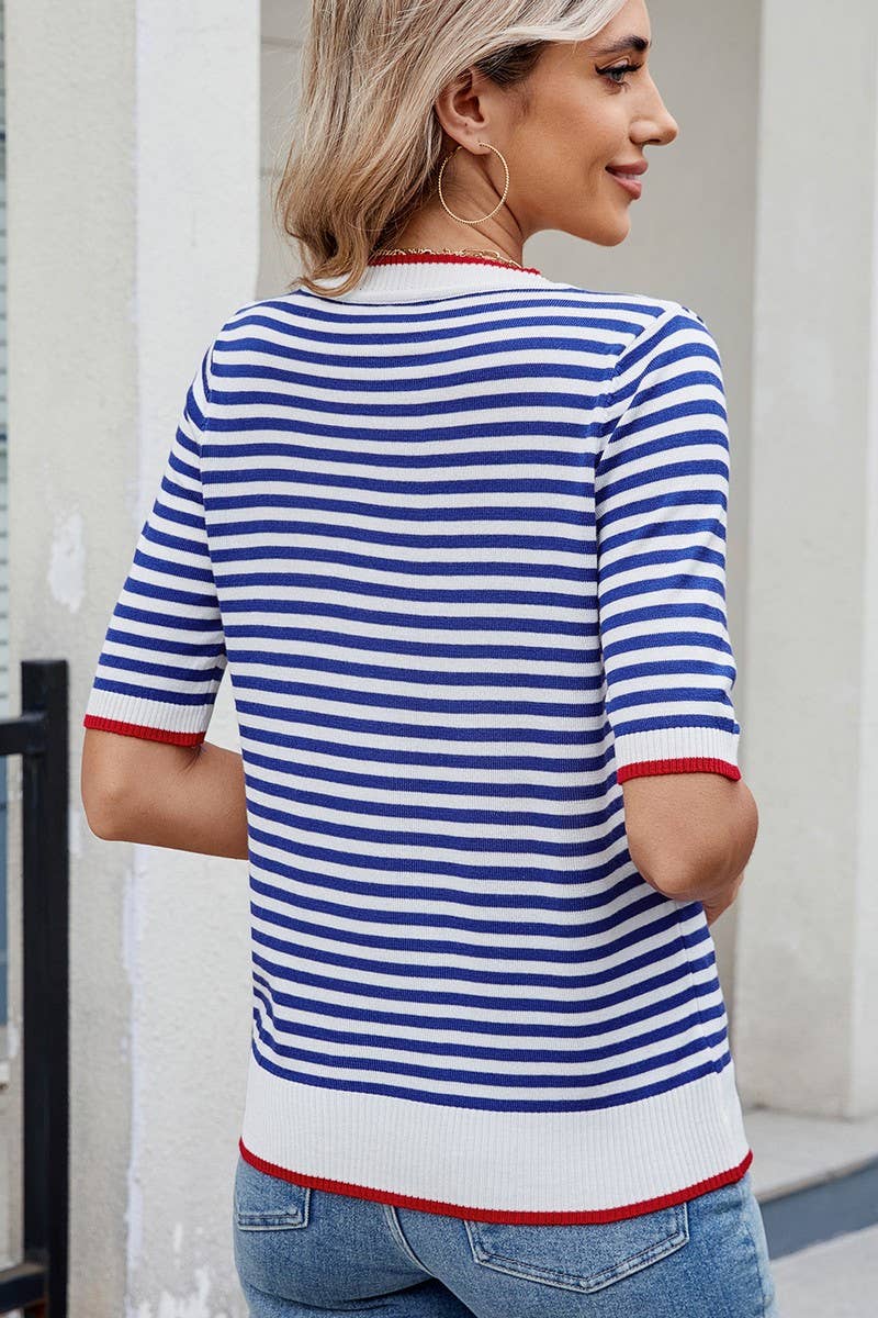 CWTBLS02495_STRIPED KNITTED ICE SILK SHORT-SLEEVED TOP